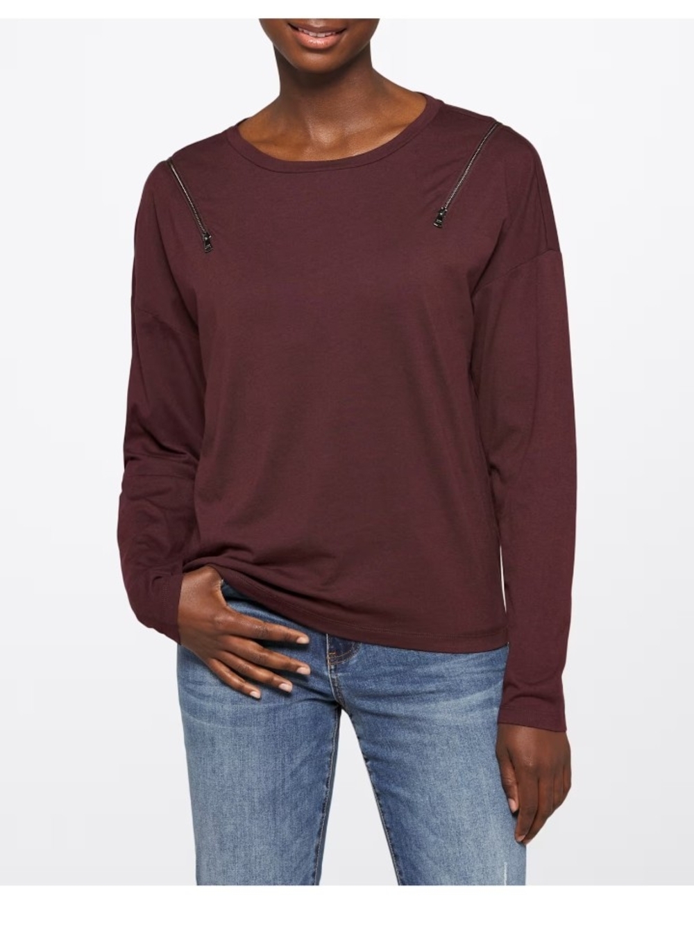 DKNY Women's Long-Sleeve Zip-Shoulder Top in Burgundy